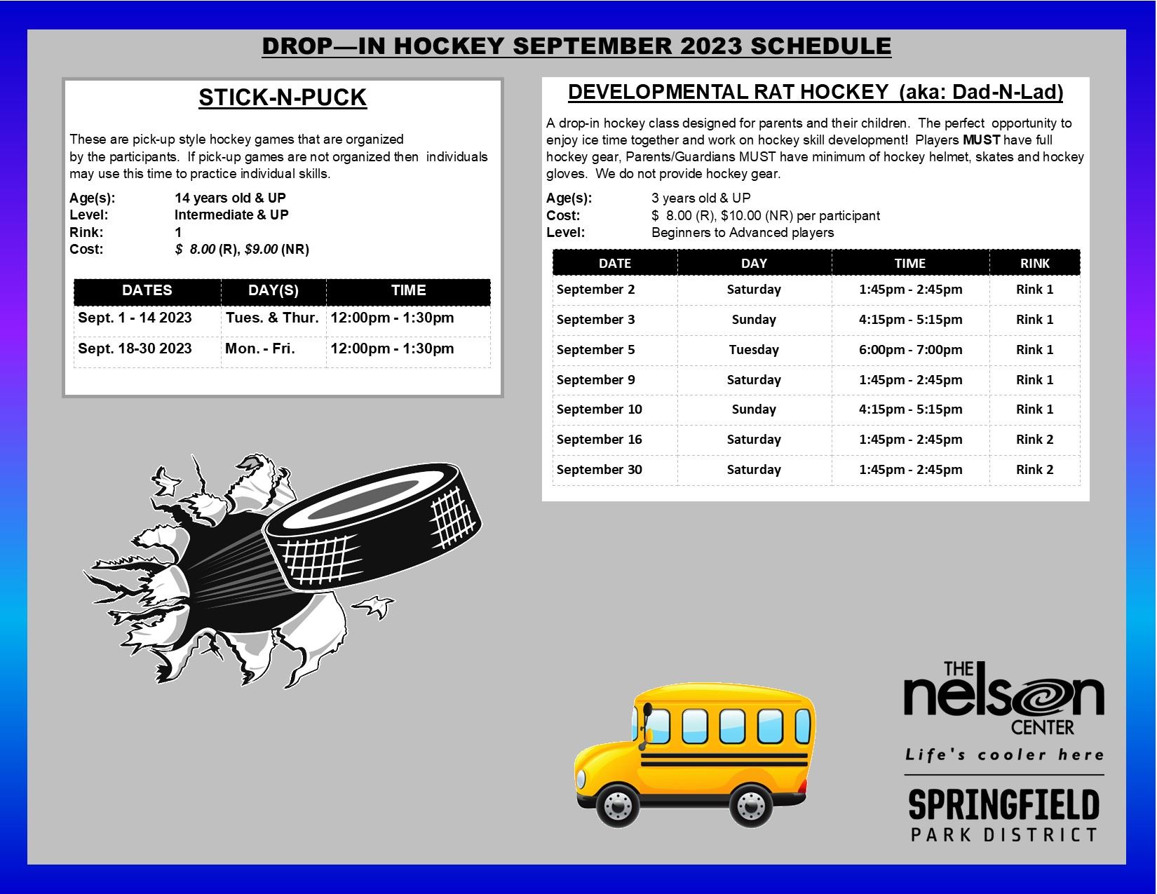September 2023 Drop In Hockey Schedule